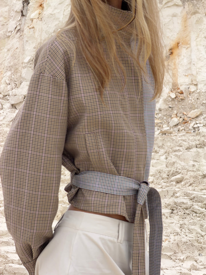 Melona checked high neck bomber jacket - Beige/brown