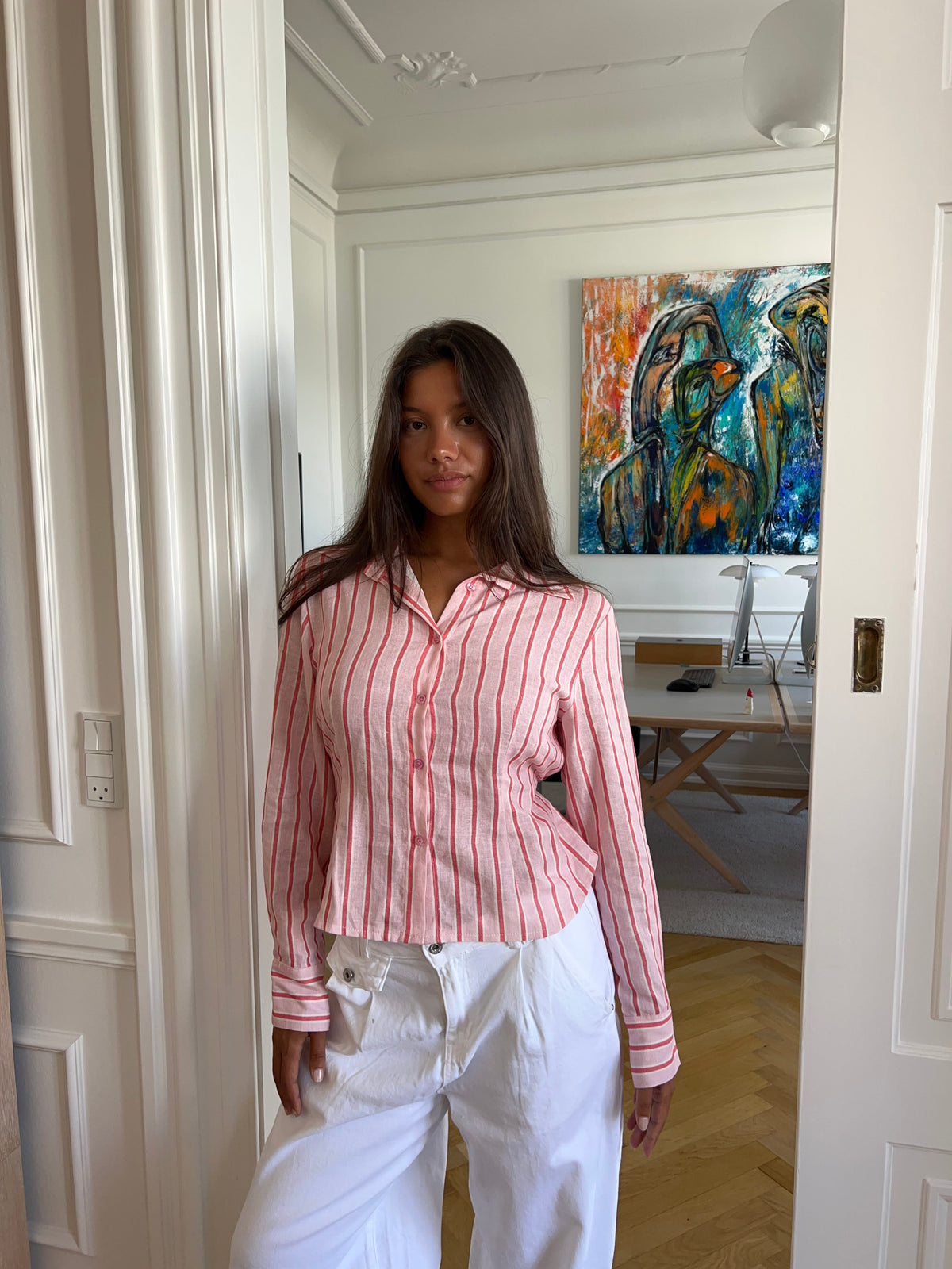 Liora Striped Linen Shirt Light Pink