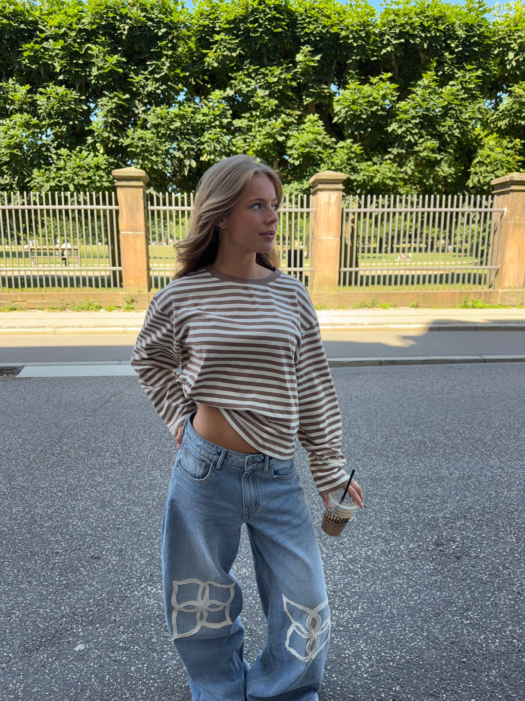 Lumi striped long-sleeved polo - Light brown/off-white