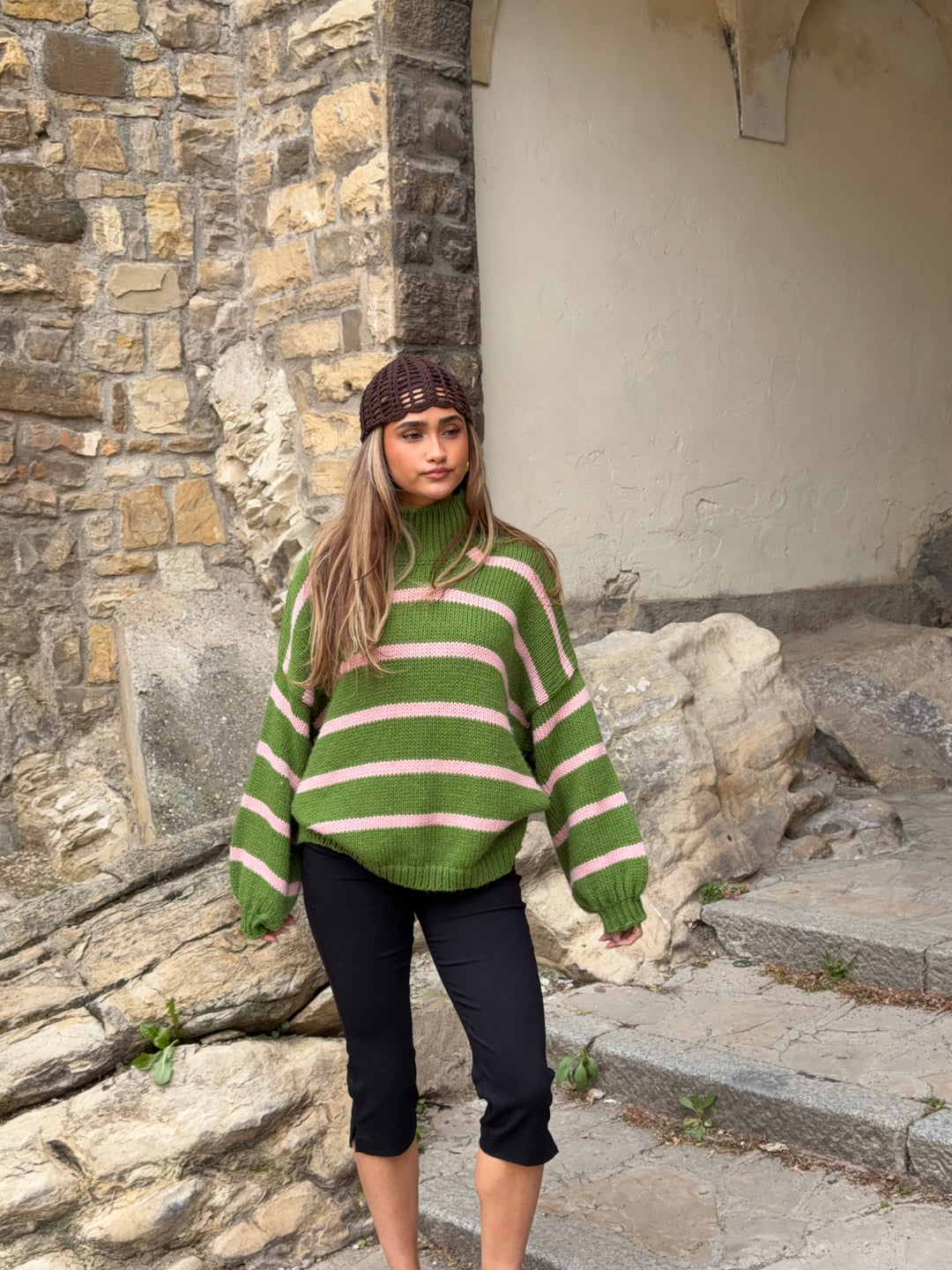Embla striped high-neck sweater - Pink/green